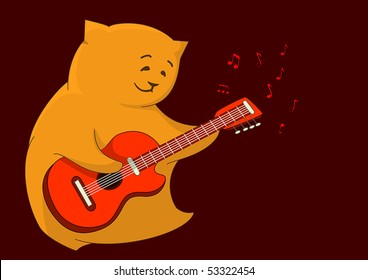 Cheerful red cat-pillow playing a guitar, from which notes take off