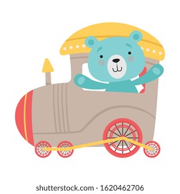 Cheerful Red Cheeked Bear Driving Toy Train Vector Illustration