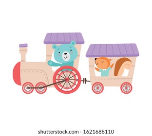 Cheerful Red Cheeked Bear and Squirrel Driving Toy Wheeled Train Vector Illustration