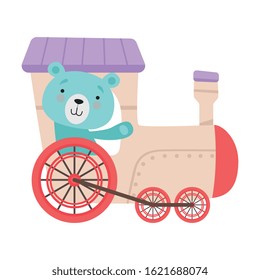 Cheerful Red Cheeked Bear Waving Paw Driving Toy Wheeled Train Vector Illustration