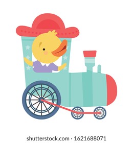 Cheerful Red Cheeked Chicken Driving Toy Wheeled Train Vector Illustration