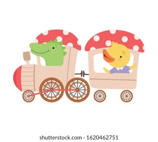 Cheerful Red Cheeked Crocodile and Chicken Driving Toy Train Vector Illustration