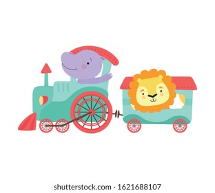Cheerful Red Cheeked Hippo and Lion Driving Toy Wheeled Train Vector Illustration