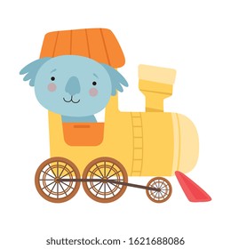 Cheerful Red Cheeked Koala Driving Toy Wheeled Train Vector Illustration