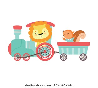 Cheerful Red Cheeked Lion and Squirrel Driving Toy Train Vector Illustration