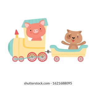 Cheerful Red Cheeked Pig and Dog Driving Toy Wheeled Train Vector Illustration