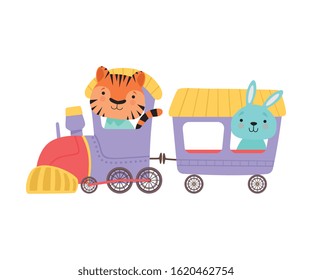 Cheerful Red Cheeked Tiger and Long-eared Hare Driving Toy Train Vector Illustration