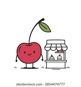 A cheerful red cherry character with a friendly smile standing beside a tiny bakery kiosk selling cupcakes and cakes