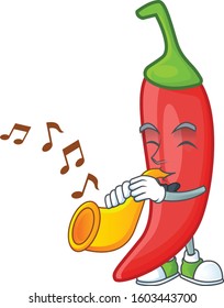 Cheerful red chili cartoon character performance with trumpet