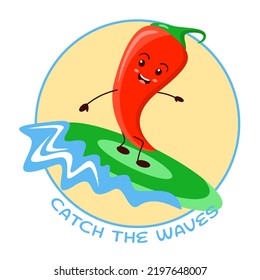 Cheerful red chili pepper on the surfboard print sublimation, vector illustration jalapeno pepper humanized vegetable character