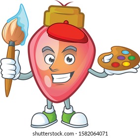 Cheerful red christmas bulb painter cartoon character with brush