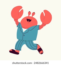 The cheerful red crab in blue pajamas and slippers is happily running