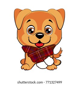 cheerful red dog with a scarf sits. Scarf with tartan pattern. Pattern in a cell. Red background with blue, white, yellow, green, black and red stripes. Royal Stewart tartan. Golden retriever
