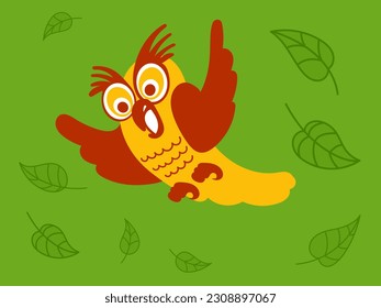 Cheerful red eagle owl flies on a green background among foliage. Vector flat illustration.	