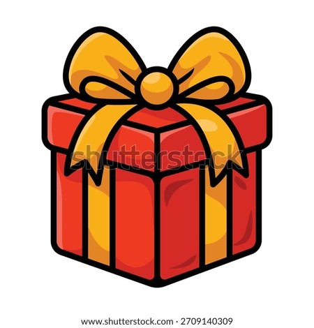 Cheerful red gift box with shiny yellow ribbon and stylized bow. Great for holiday merch, cards, or celebratory designs.