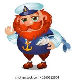 Cheerful red haired bearded captain with fish tuna under his arm isolated on a white background. Vector cartoon close-up illustration