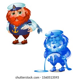 Cheerful red haired bearded captain with fish tuna under his arm isolated on a white background. Vector cartoon close-up illustration