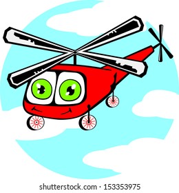 Cheerful red helicopter on the background of sky with clouds