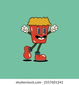 A cheerful red Ice Mug character with arms and legs, wearing red shoes and filled with hay. Perfect for fun, playful designs related to coffee, tea, or beverages.