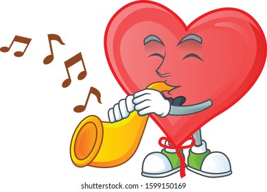 Cheerful red love balloon cartoon character performance with trumpet