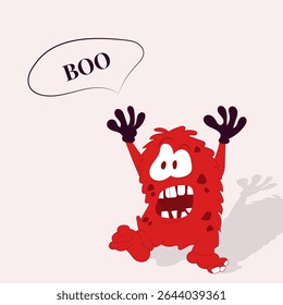 A cheerful red monster with upraised arms and a "BOO" speech bubble, featured on a light background.