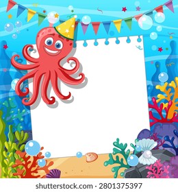 Cheerful red octopus wearing party hat next to blank paper on colorful coral reef background.