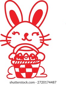 Un alegre conejo de dibujos animados delineados de color rojo que sostiene una cesta a cuadros llena de huevos de Pascua, representada en un estilo gráfico simple sobre un fondo blanco.