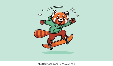 A cheerful red panda character in a green hoodie and red pants is shown skateboarding with a joyful expression.