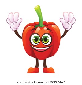 Cheerful red pepper character with both hands raised, smiling and excited. Vector cartoon illustration