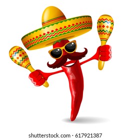 Cheerful red pepper jalapeno in sombrero and with maracas - symbols of mexican holiday Cinco de Mayo. Isolated on white background. Vector illustration. 