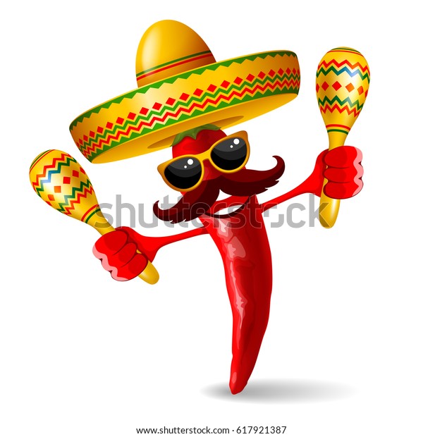 ソンブレロとマラカスのある明るい赤唐辛子ジャラペノ メキシコの祝日シンコ デ マヨの象徴 白い背景に ベクターイラスト のベクター画像素材 ロイヤリティフリー