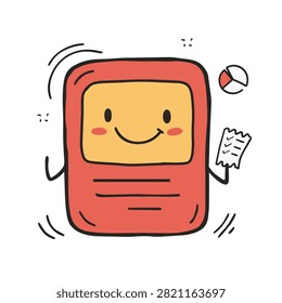 A cheerful red rectangular cartoon character with a smiling face holding a paper checklist next to a small pie chart graphic