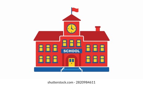 A cheerful red school building featuring a clock tower and an American flag on top