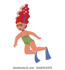 Cheerful, Red-haired Child Decked Out In A Snorkel And Fins, Joyfully Diving Underwater, Evokes A Sense Of Freedom And Adventure, Representing Summer Activities, Water Sports, And Youthful Enthusiasm