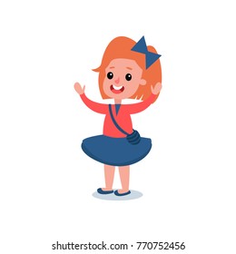 Cheerful red-haired girl in casual outfit red blouse, blue shirt, cross body handbag, bow in hair. Cartoon kid character standing with hands up. Flat vector design