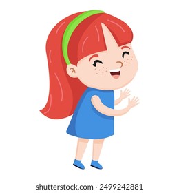 Cheerful red-haired girl. With fair skin and freckles. Back to school, kindergarten, girl happy, smiling. Illustration for education, holiday. On transparent background.