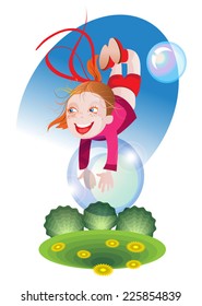 Cheerful red-haired girl is flying on a soap bubble