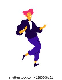 Cheerful red-haired guy in a black shirt. Vector. Illustration of a dancing young man. Character for the dance studio. Flat style. Company logo. Positive happy person.