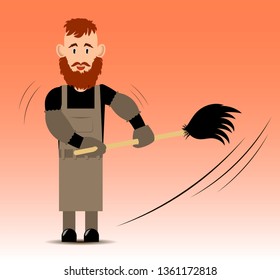 Cheerful red-haired janitor with a red beard and mustache at work. flat character design. vector