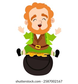 A cheerful red-haired leprechaun in a green suit laughs and sits on a pot with gold coins