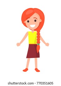 Cheerful redhead girl with thick braid wearing yellow sleeveless t-shirt, purple skirt and orange shoes isolated vector illustration on white