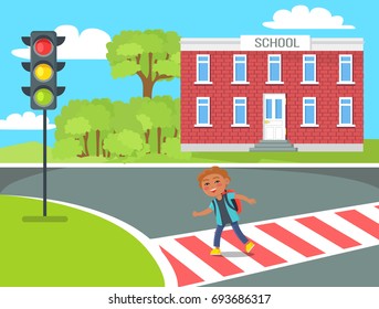 Cheerful redhead kid with red rucksack crossing road from school to traffic lights during sunny day vector illustration in cartoon style