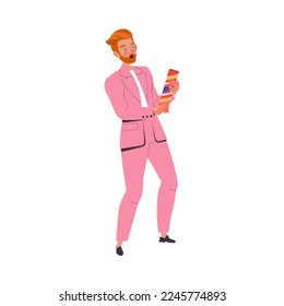 Cheerful Redhead Man Character with Firecracker or Party Popper Celebrating New Year Holiday Vector Illustration