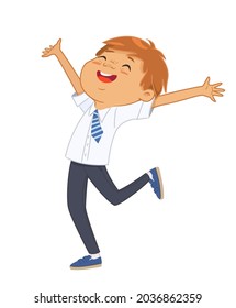 Cheerful redhead schoolboy jumping with raising hands celebrating vacation break having positive emotion vector flat illustration. Cute funny boy elementary pupil wearing school uniform isolated