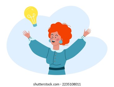 Cheerful redhead woman character think problem solution, solving creative idea light bulb flat vector illustration, isolated on white.