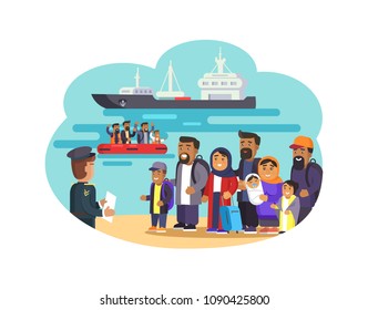 Cheerful refugees on sea beach vector illustration isolated on white backdrop, oriental people waiting for help, big marine cargo ship and red boat