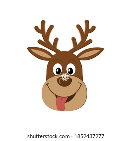 A cheerful reindeer catches a snowflake with its tongue. Color vector illustration in flat style. Clipart, stickers, design, decoration