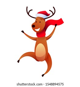 Cheerful reindeer character in santa hat and red scarf jumping. Cartoon animal in christmas costume waving hand. Vector funny deer character for new year, xmas invitation, poster design.