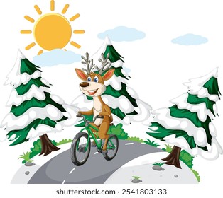 A cheerful reindeer cycling through snowy trees