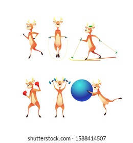 Cheerful reindeer doing sports set. Winter animal jumping at skipping rope, skiing, boxing and working out with barbells. Cartoon christmas symbols. Xmas flat funny characters